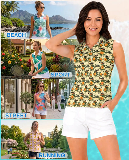 Helicopter And Hibiscus Sleeveless Polo Shirt for Women – Aviation Tropical Style | Netecom