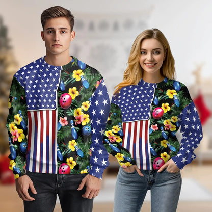 Bowling Tropical USA Sweatshirt, 3D All Over Print Patriotic Bowling Crewneck Pullover for Men Women, Bowler Gift - Netecom
