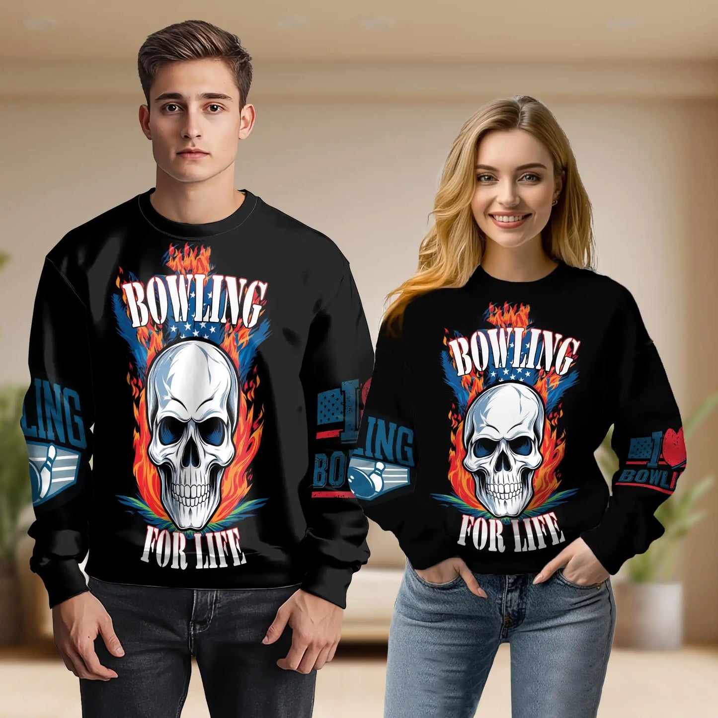 Bowling Skull Fire Sweatshirt, 3D All Over Print Fiery Bowling Crewneck Pullover for Men Women, Bowler Gift - Netecom