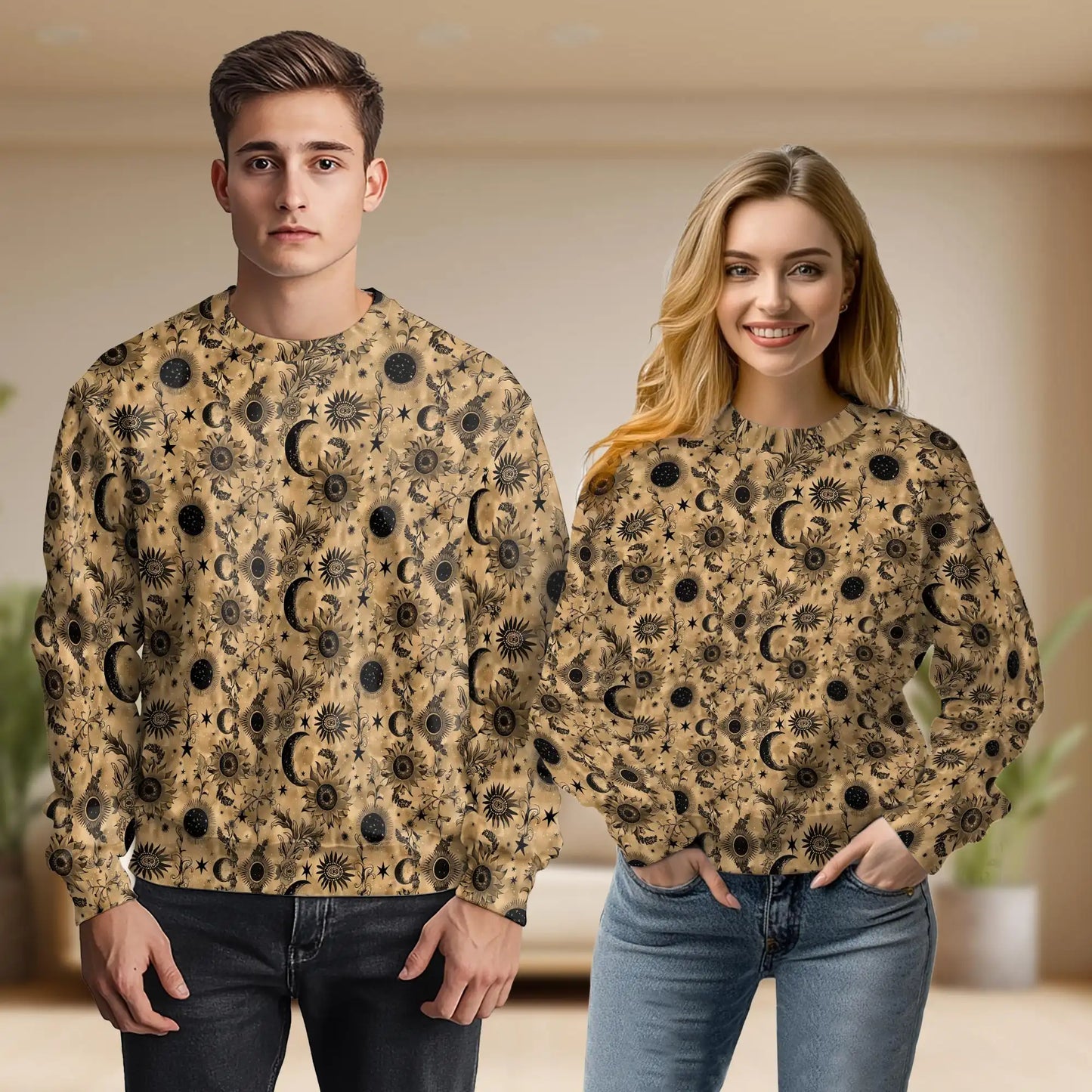 Vintage Celestial Sun Moon Stars Pattern Sweatshirt, 3D All Over Print Cosmic Astrology Crewneck Pullover for Men Women, Celestial Lover Gift - Netecom