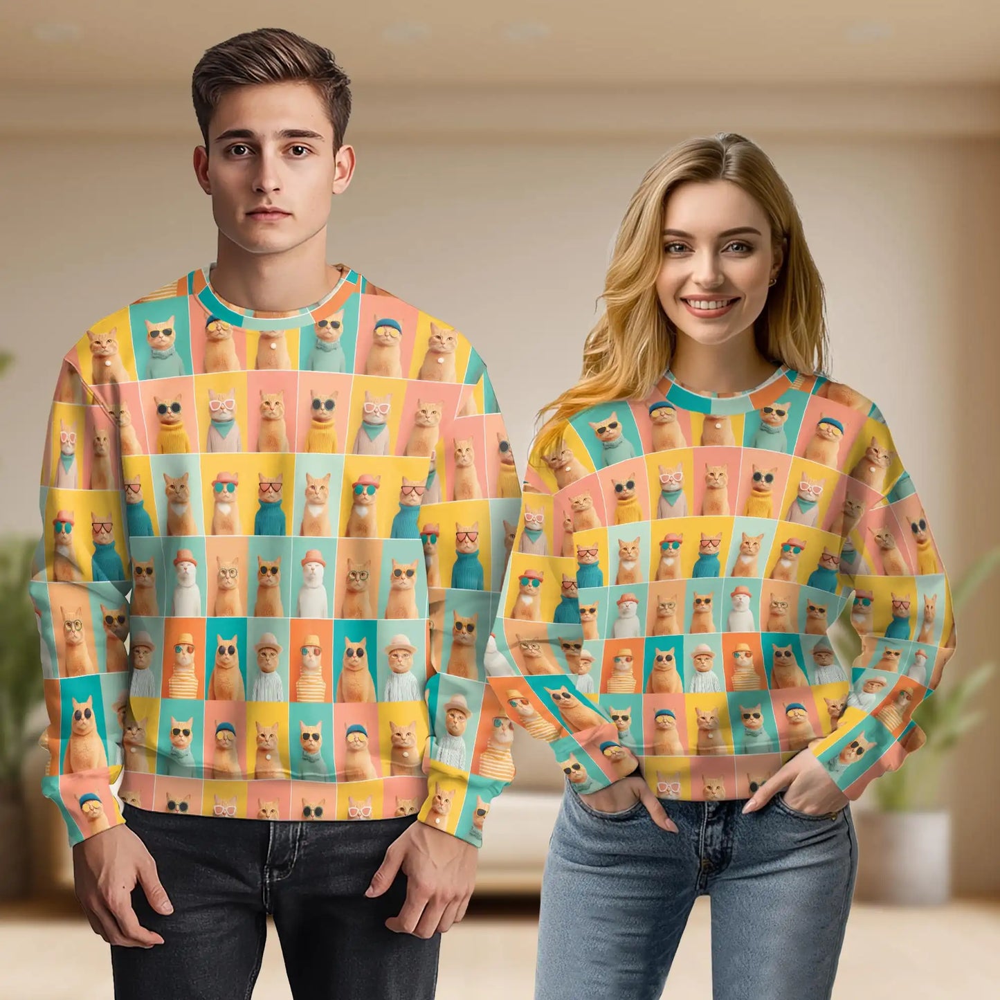 Colorful Cat Pattern Sweatshirt, 3D All Over Print Cute Feline Crewneck Pullover for Men Women, Cat Lover Gift - Netecom