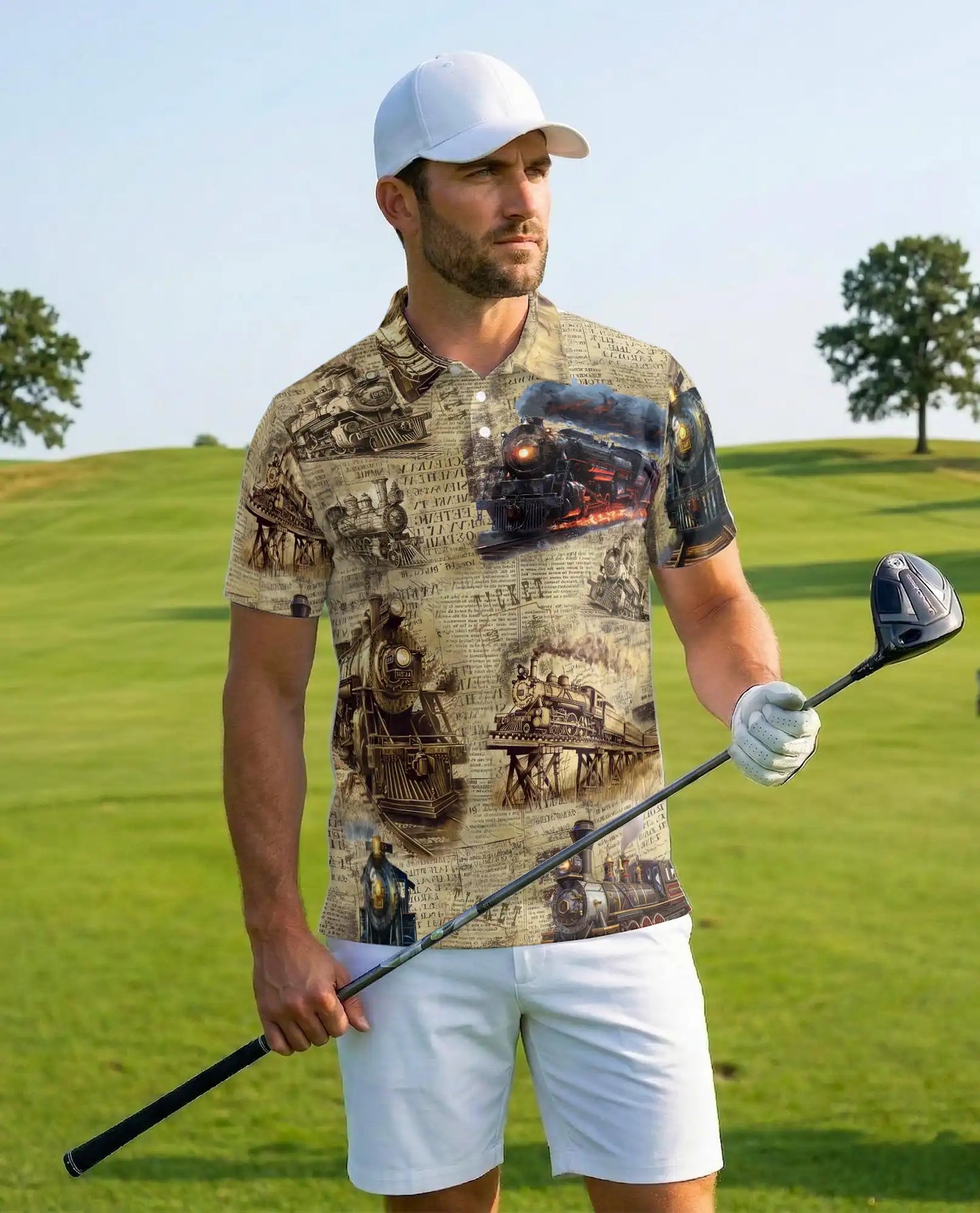 Vintage Train Polo Shirt for Men – Steam Locomotive Art | Netecom