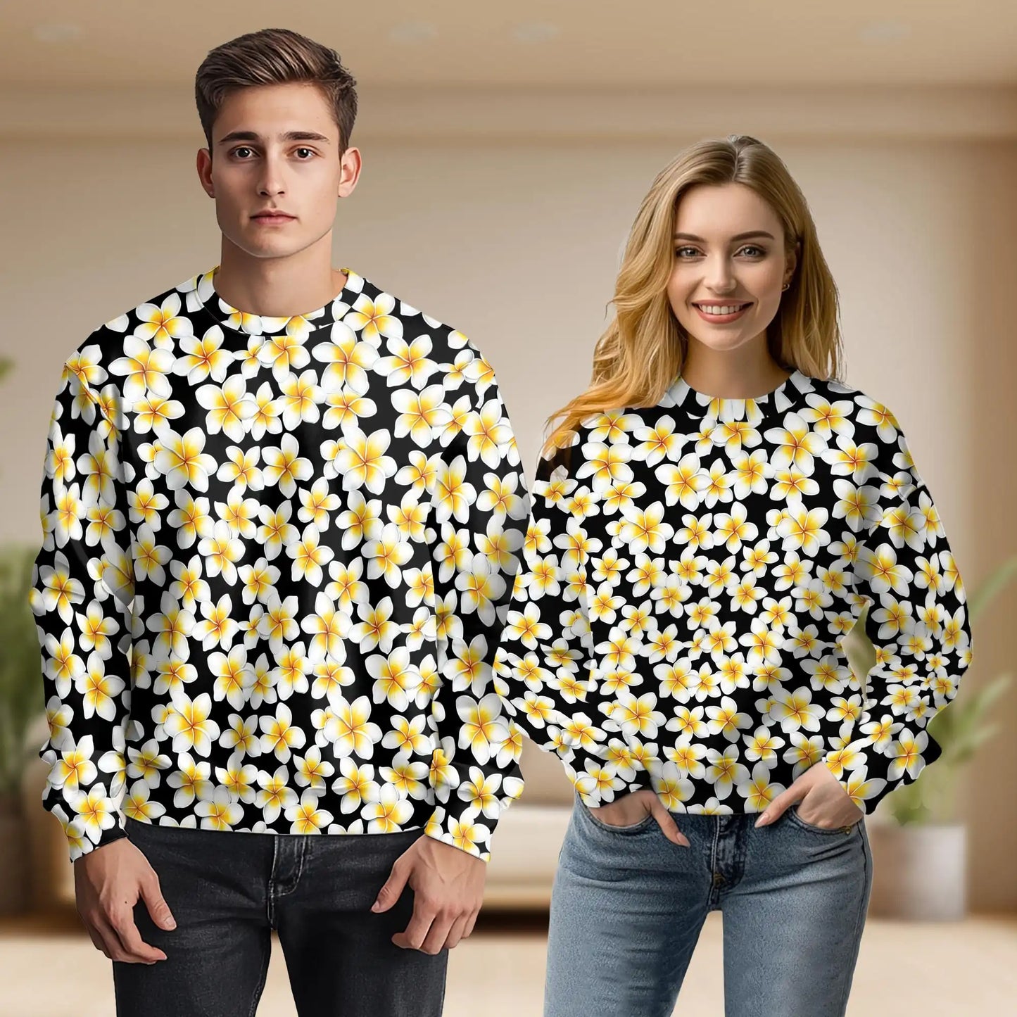 Yellow Plumeria Sweatshirt, 3D All Over Print Tropical Floral Crewneck Pullover for Men Women, Plumeria Lover Gift - Netecom