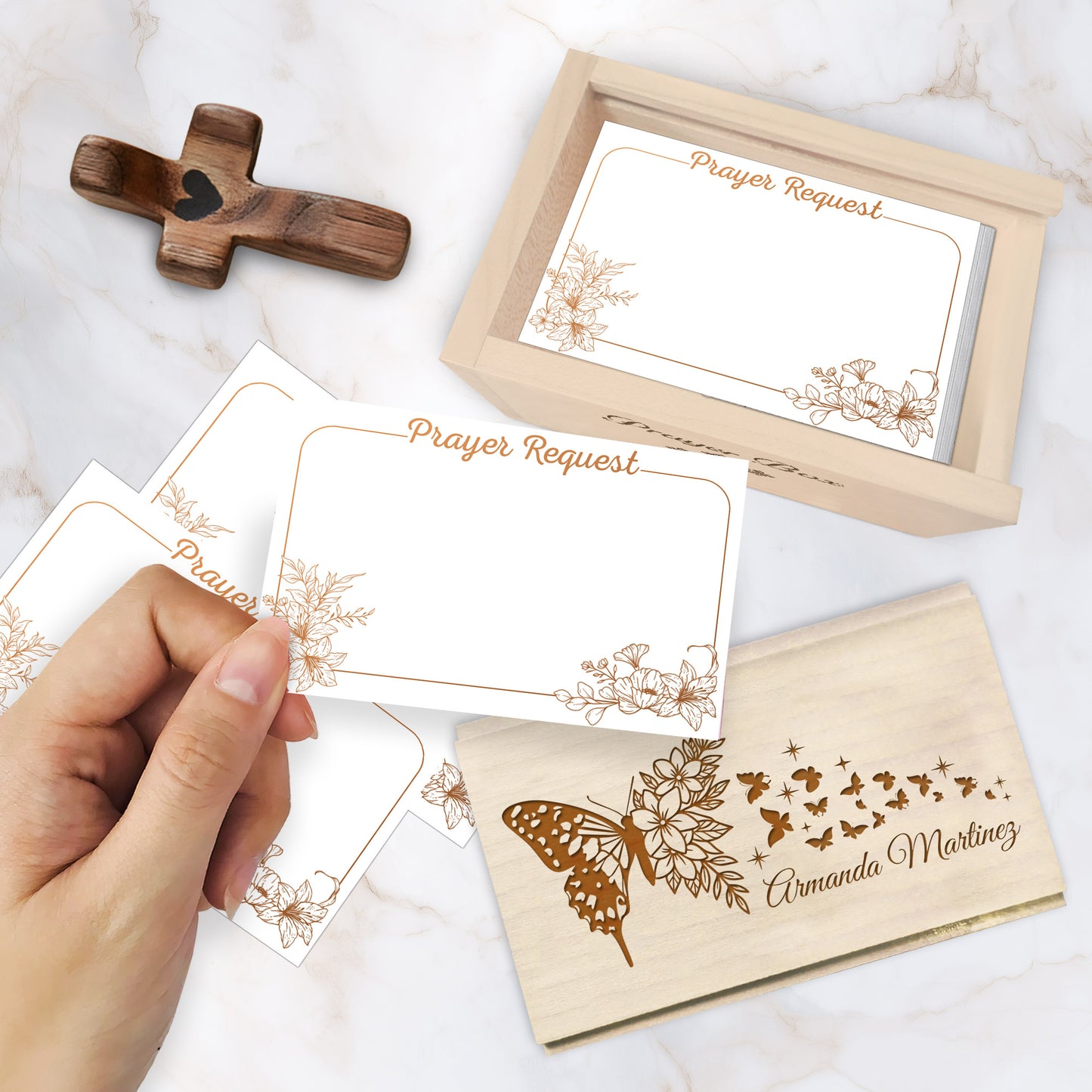 Netecom Personalized Wooden Prayer Box with 100 Prayer Request Cards & Custom Name Cross – Floral Christian Faith Gift for Daily Prayer
