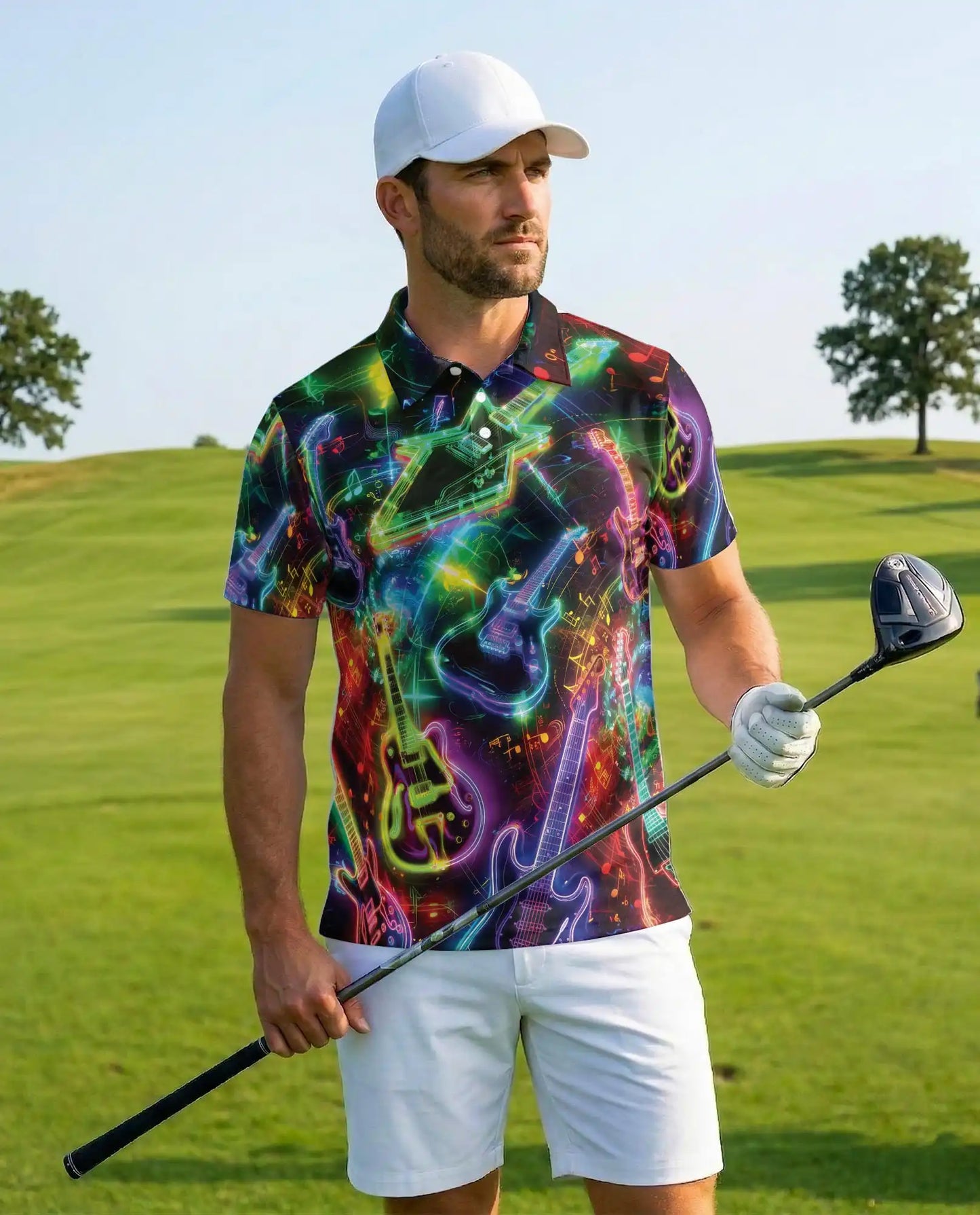 Neon Electric Guitar Rock Polo Shirt for Men | Netecom