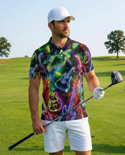 Neon Electric Guitar Rock Polo Shirt for Men | Netecom