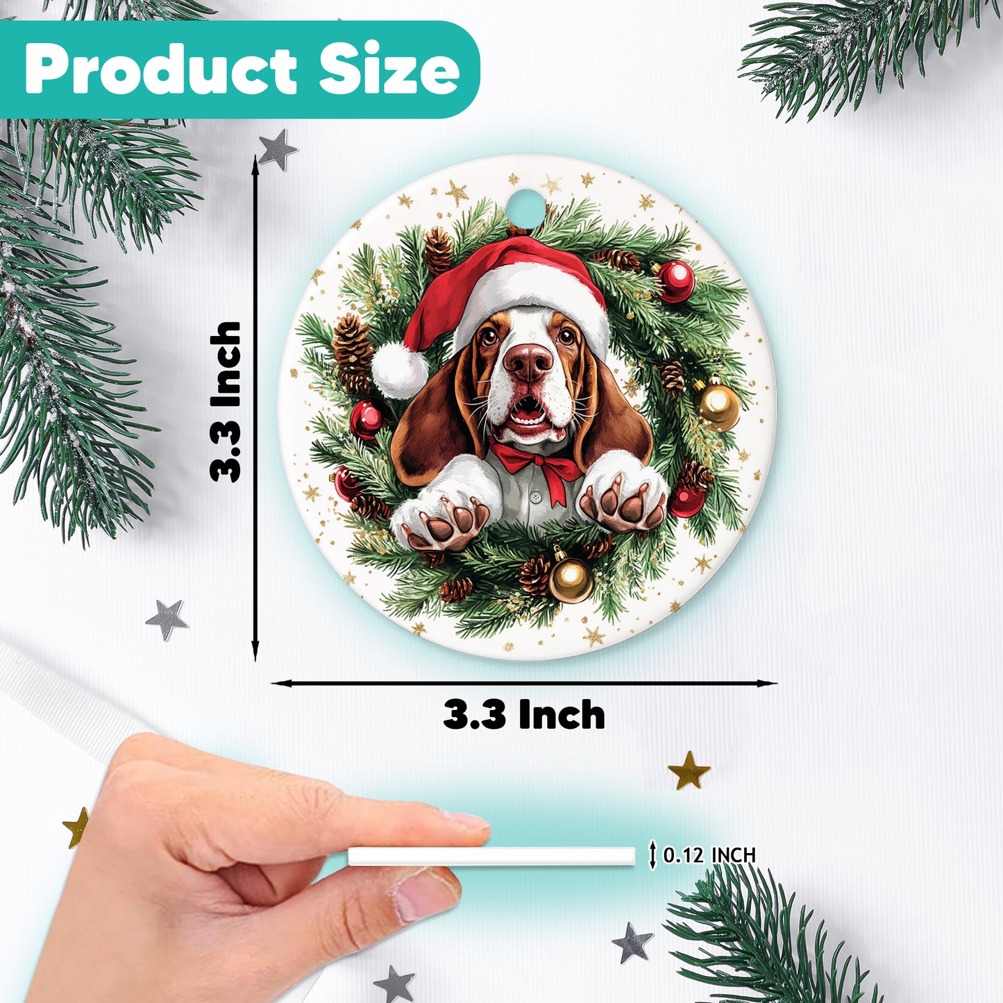 Netecom Funny Basset Hound in Santa Hat Christmas Ornament, Puppy Ceramic Ornament for Xmas Tree Hanging Decorations Gift, Dog Lover Gifts, Holiday Party Present