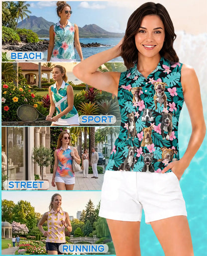 Tropical Pitbull Sleeveless Polo Shirt for Women – Cute Dog Summer Style | Netecom