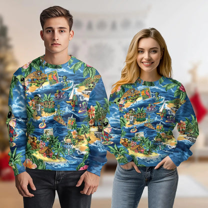 Funny Alien Surfing Sweatshirt, 3D All Over Print UFO Beach Crewneck Pullover for Men Women, Surfer Gift - Netecom