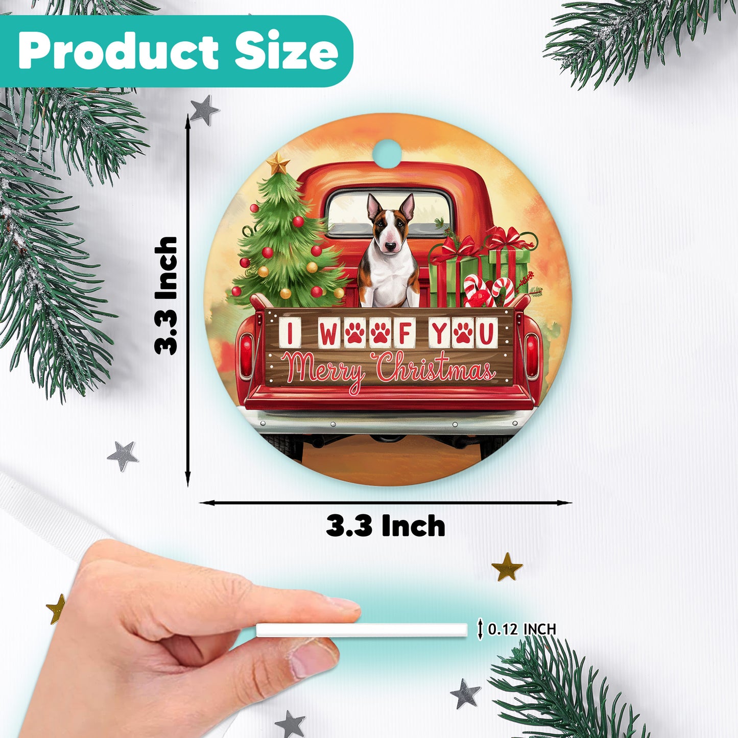 Netecom Funny Bull Terrier in Red Truck Ornament, I Woof You Merry Christmas Ceramic Ornament for Christmas Tree Hanging Decorations Gift, Dog Lover Gifts, Holiday Party Present