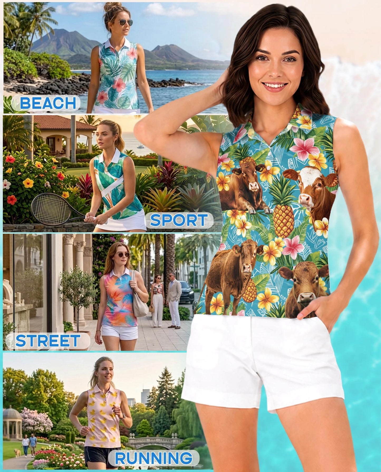 Red Angus Cattle Lovers Pineapple Sleeveless Polo Shirt for Women | Netecom