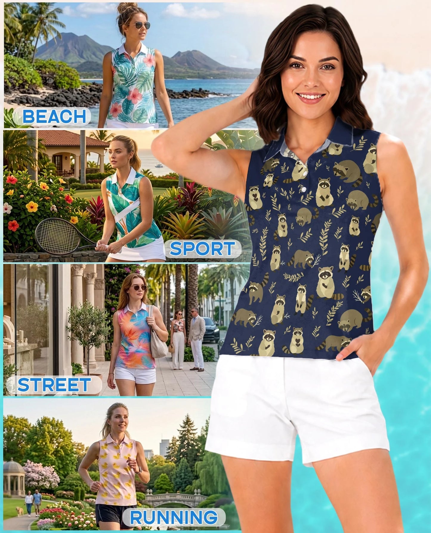 Raccoon Pattern Sleeveless Polo Shirt for Women – Cute Wildlife Style | Netecom