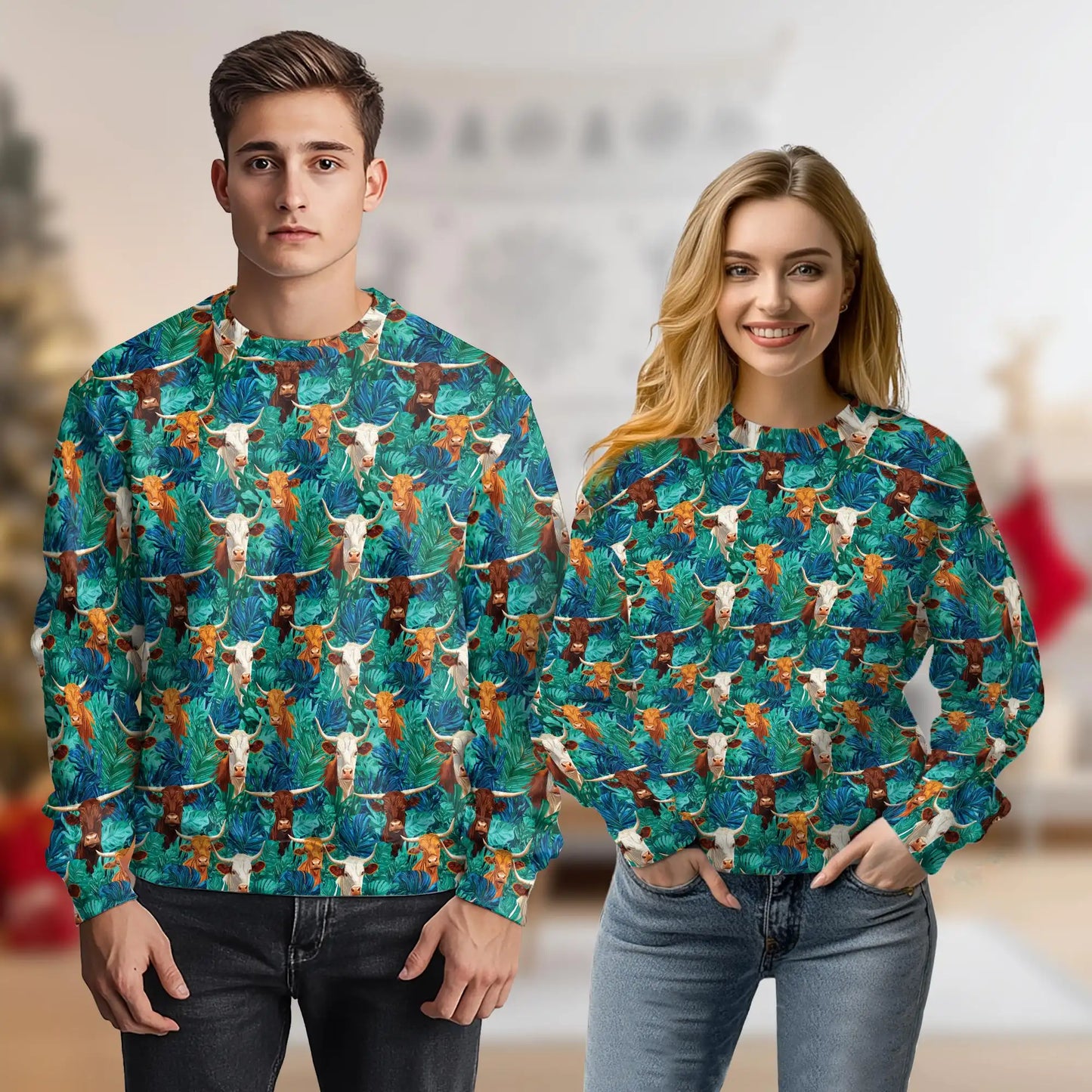 Longhorn Cattle Sweatshirt, 3D All Over Print Western Cow Crewneck Pullover for Men Women, Texas Ranch Cattle Lover Gift - Netecom