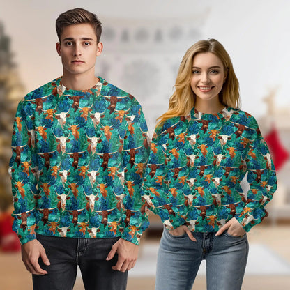 Longhorn Cattle Sweatshirt, 3D All Over Print Western Cow Crewneck Pullover for Men Women, Texas Ranch Cattle Lover Gift - Netecom