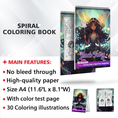 Black Fairy Spiral Bound Coloring Book, Discover the Adorable of Black Fairies with 30 Exquisite Coloring Pages