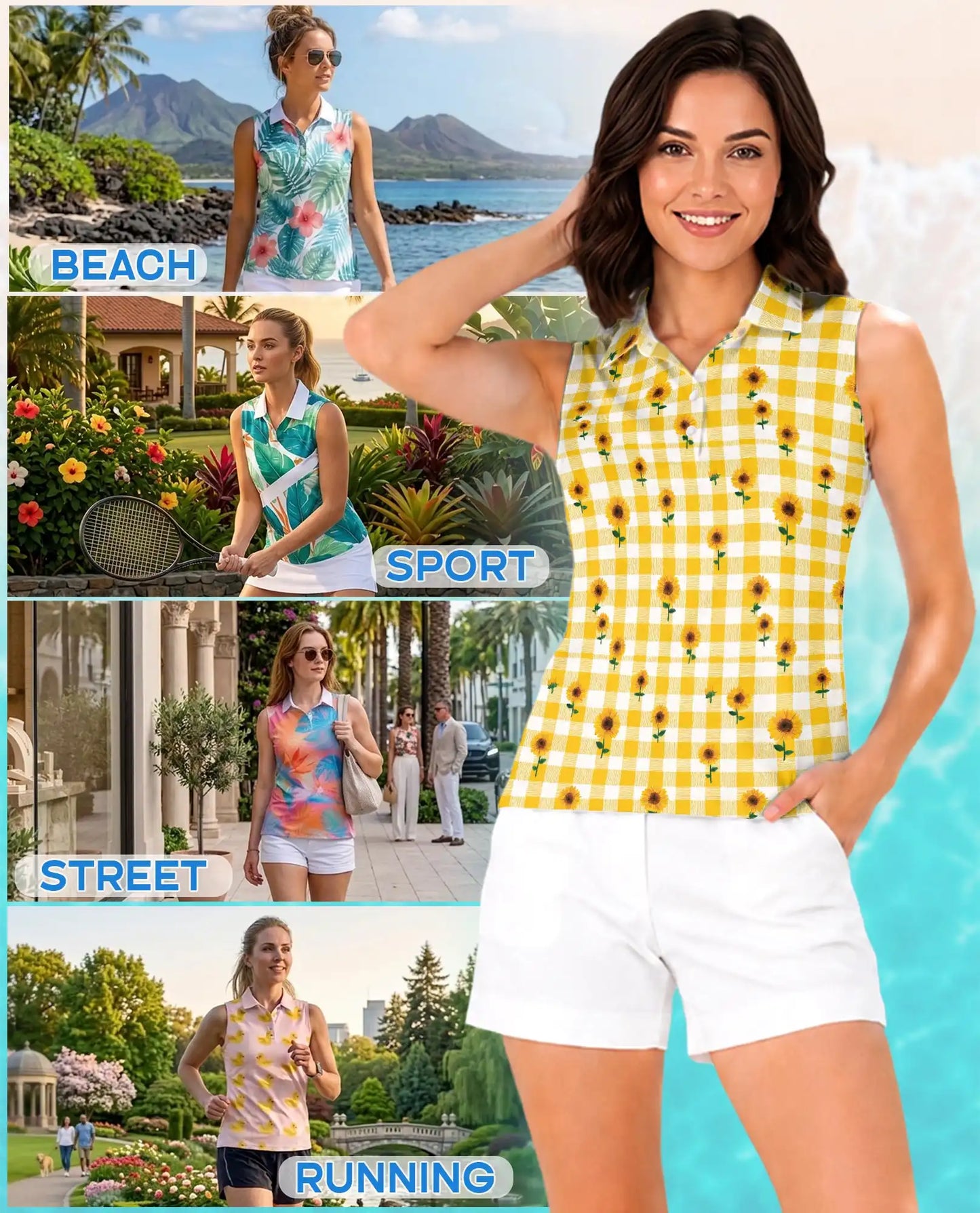 Yellow Gingham Sunflower Sleeveless Polo Shirt for Women | Netecom