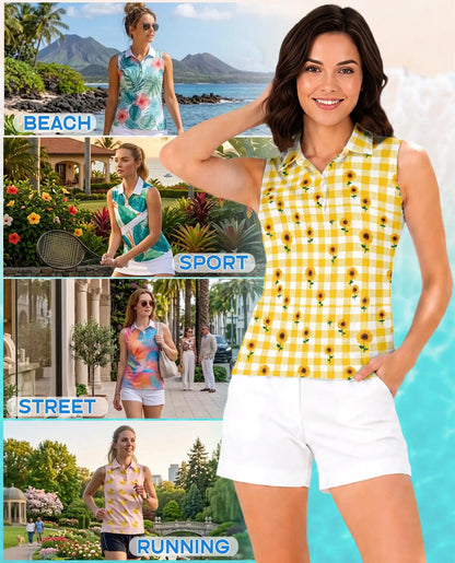 Yellow Gingham Sunflower Sleeveless Polo Shirt for Women | Netecom