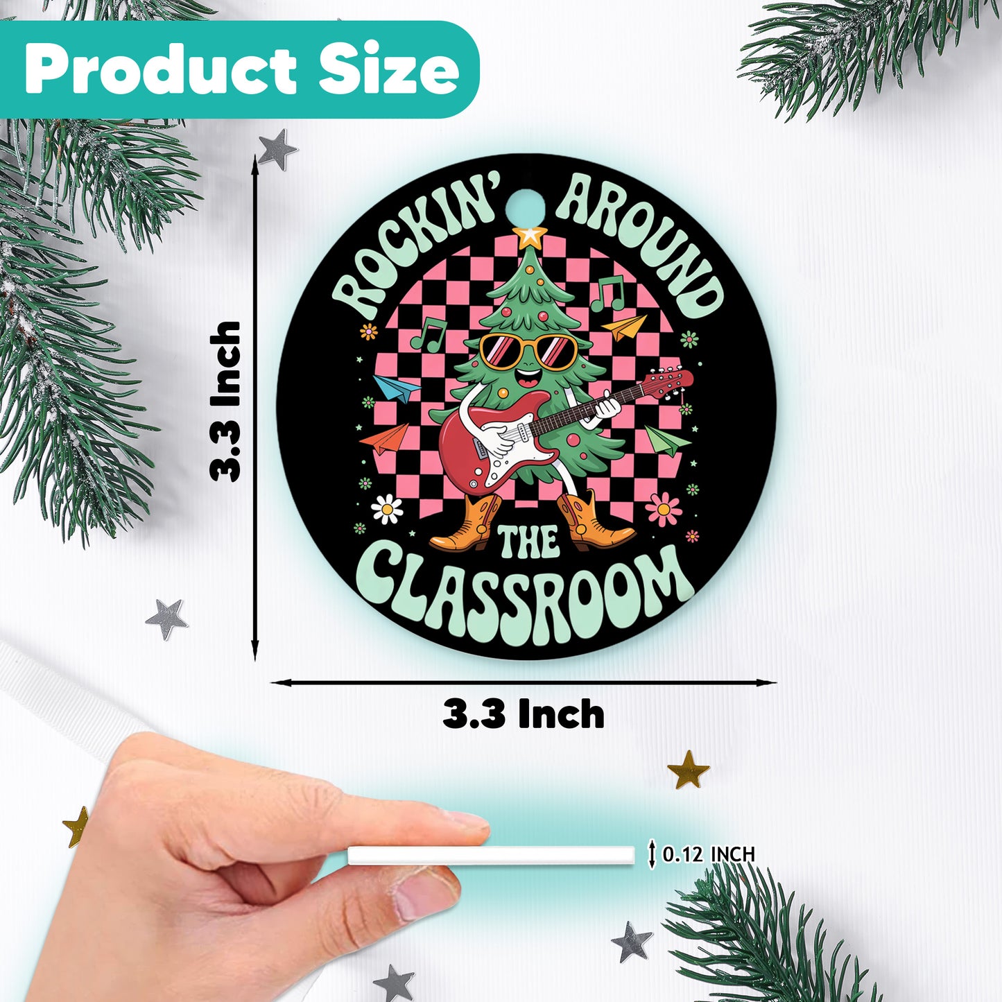 Netecom Funny Christmas Rock Ornament, Rockin' Around The Classroom Ceramic Ornament for Xmas Tree Hanging Decorations Gift, Gifts for Guitar Player Music Enthusiasts, Holiday Party Present