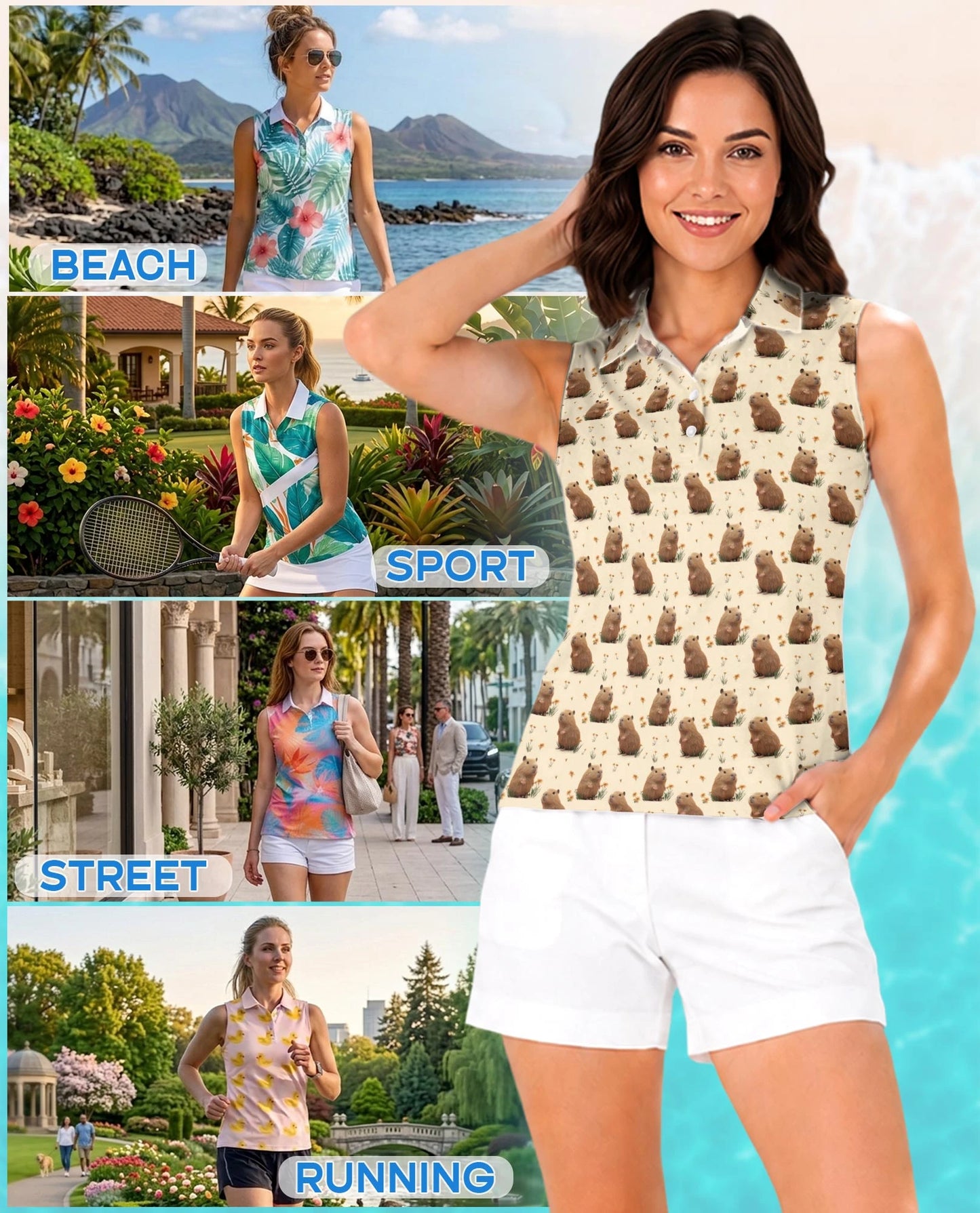 Capybara Pattern Sleeveless Polo Shirt for Women | Netecom