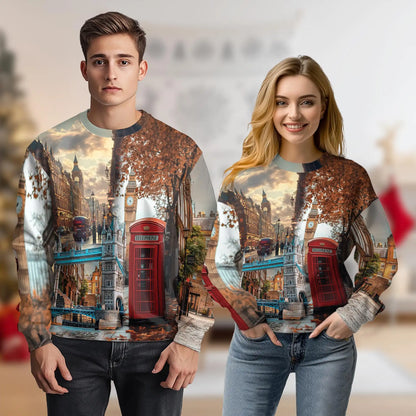 London Street Sweatshirt, 3D All Over Print Iconic City Landscape Crewneck Pullover for Men Women, UK Travel Lover Gift - Netecom