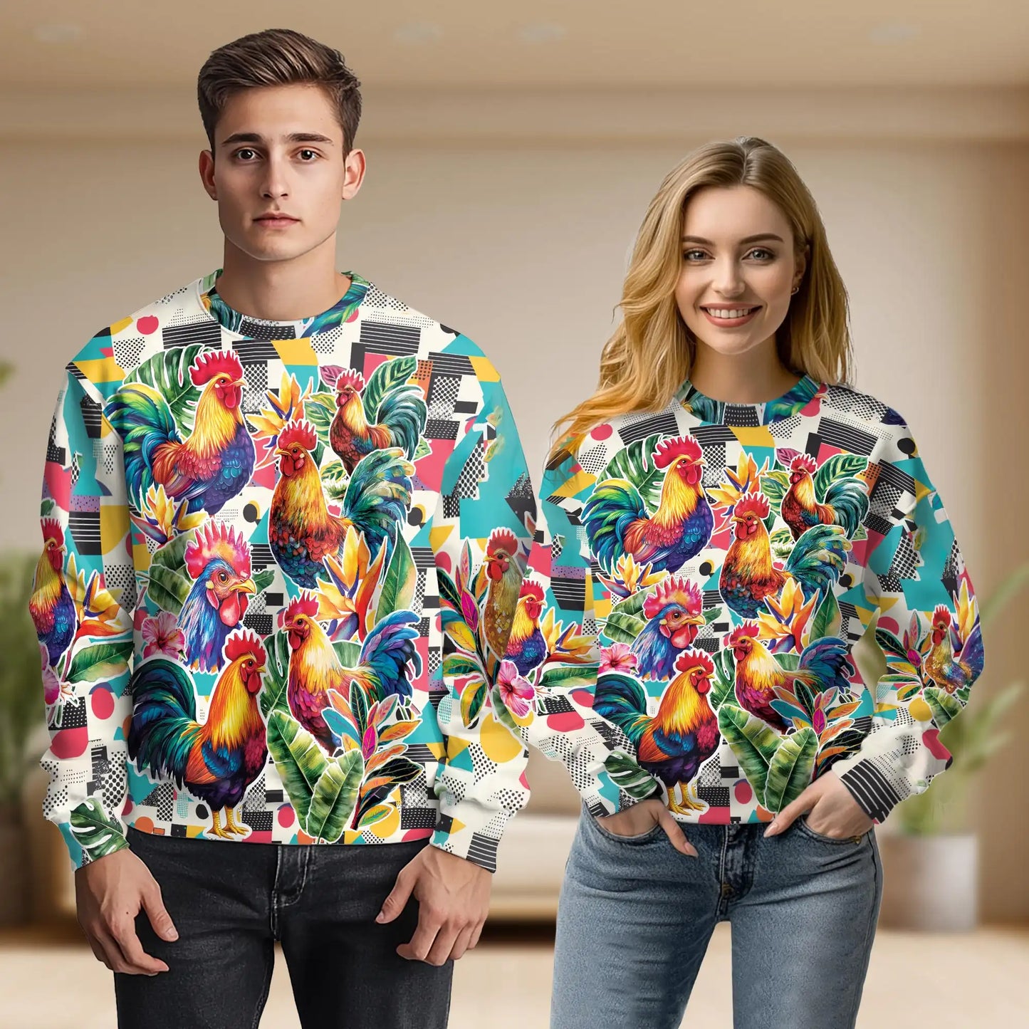 Vibrant Rooster Tropical Leaves Sweatshirt, 3D All Over Print Colorful Farm Animal Crewneck Pullover for Men Women, Rooster Lover Gift - Netecom