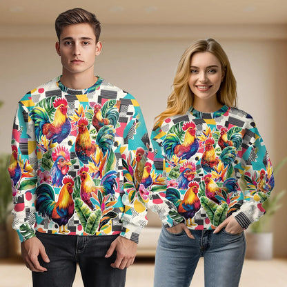 Vibrant Rooster Tropical Leaves Sweatshirt, 3D All Over Print Colorful Farm Animal Crewneck Pullover for Men Women, Rooster Lover Gift - Netecom