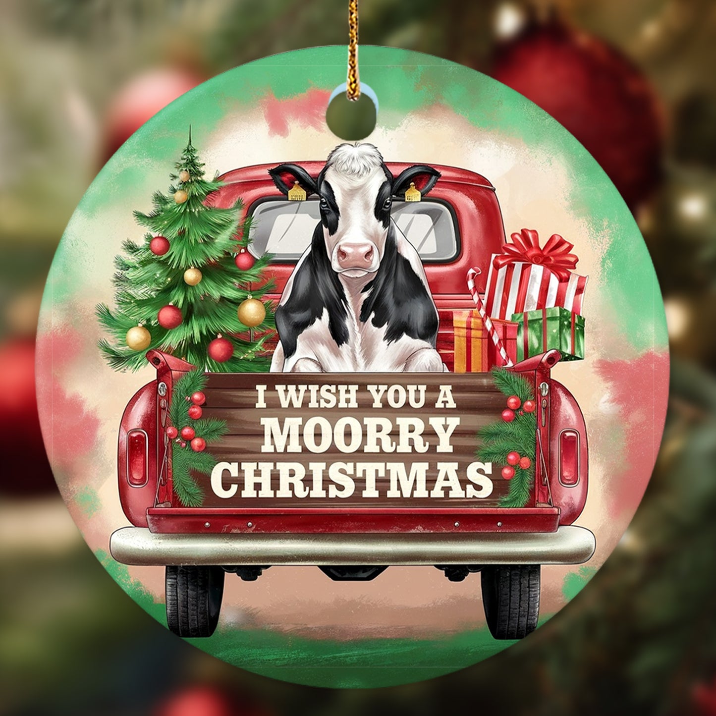 Netecom Funny Dairy Cattle in Red Truck Ornament, I Wish You a Moorry Christmas Ceramic Ornament for Christmas Tree Hanging Decorations Gift, Farm Animal Lover Gifts, Holiday Party Present