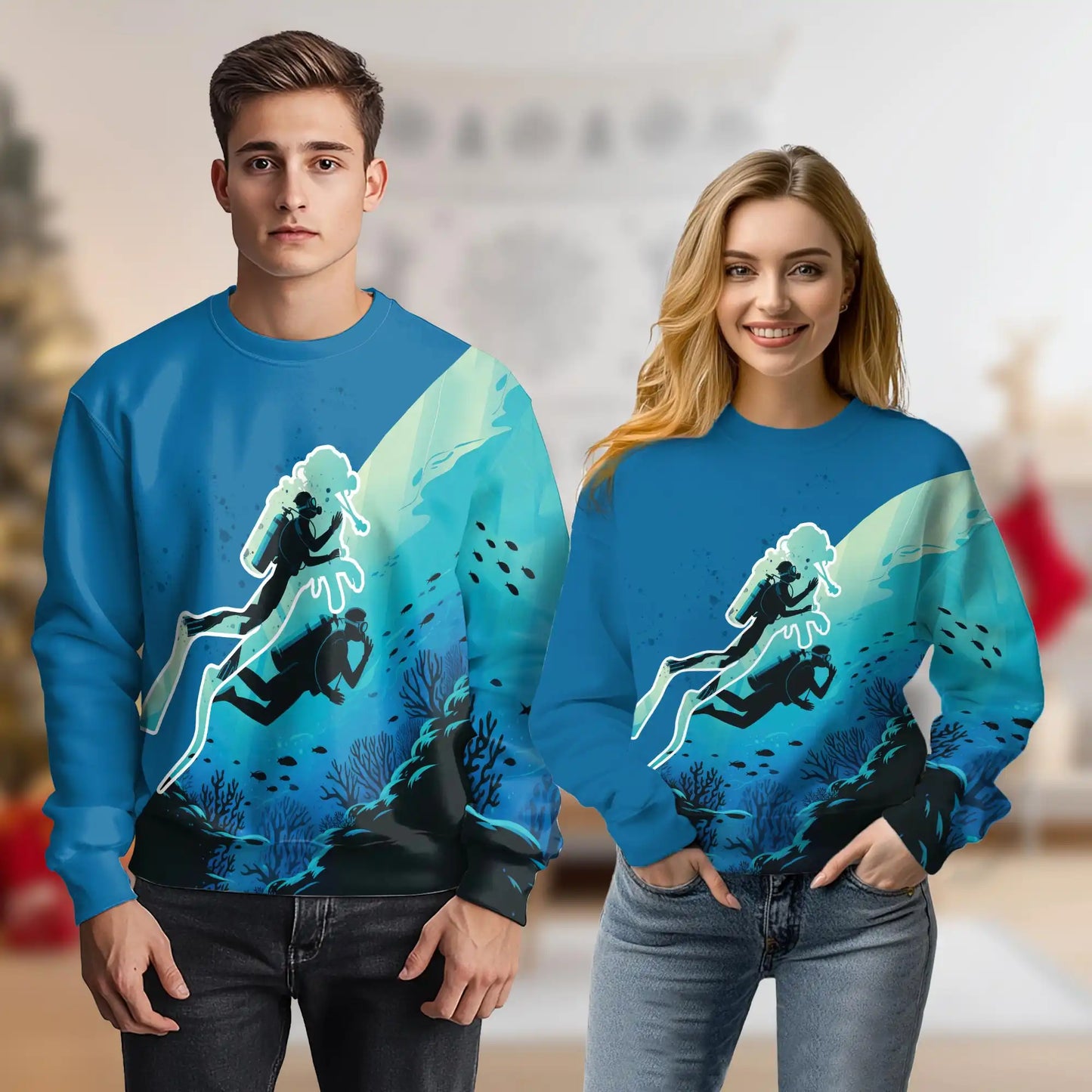 Underwater Landscape Diver Silhouette Sweatshirt, 3D All Over Print Ocean Scuba Crewneck Pullover for Men Women, Diving Lover Gift - Netecom
