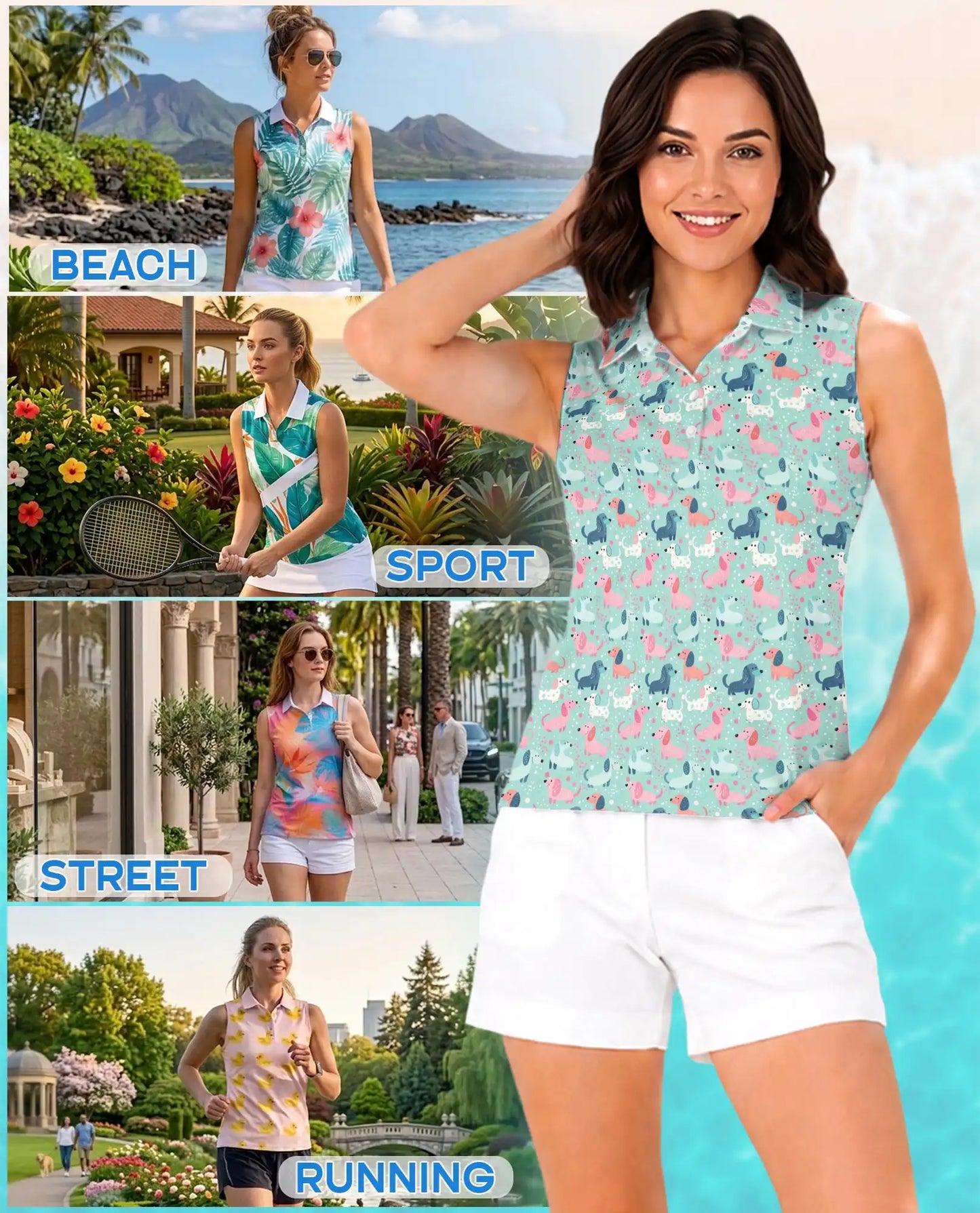 Dachshund Print Sleeveless Polo Shirt for Women – Cute Dog Lover Style | Netecom