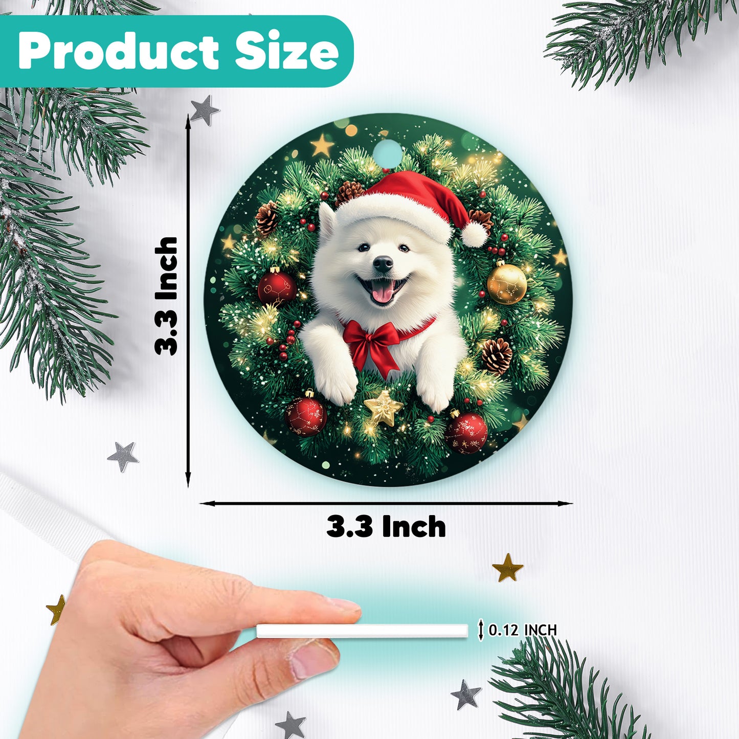 Netecom Funny Samoyed Christmas Ornament, Dog Santa Hat Ceramic Ornament for Xmas Tree Hanging Decorations Gift, Puppy Lover Gifts, Home Decor, Holiday Party Present