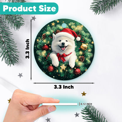 Netecom Funny Samoyed Christmas Ornament, Dog Santa Hat Ceramic Ornament for Xmas Tree Hanging Decorations Gift, Puppy Lover Gifts, Home Decor, Holiday Party Present