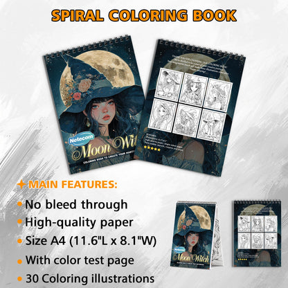 Moon Witch Spiral Bound Coloring Book, Magical Moon Witch Scenes for a Mystical Art Adventure, Ideal for Fans of Fantasy and Witchcraft