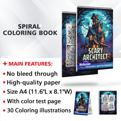 Scary Architect Spiral Bound Coloring Book, Journey into a Realm of Eerie Enchantment with 30 Artistic Coloring Pages Inspired by the Dark Imagination.