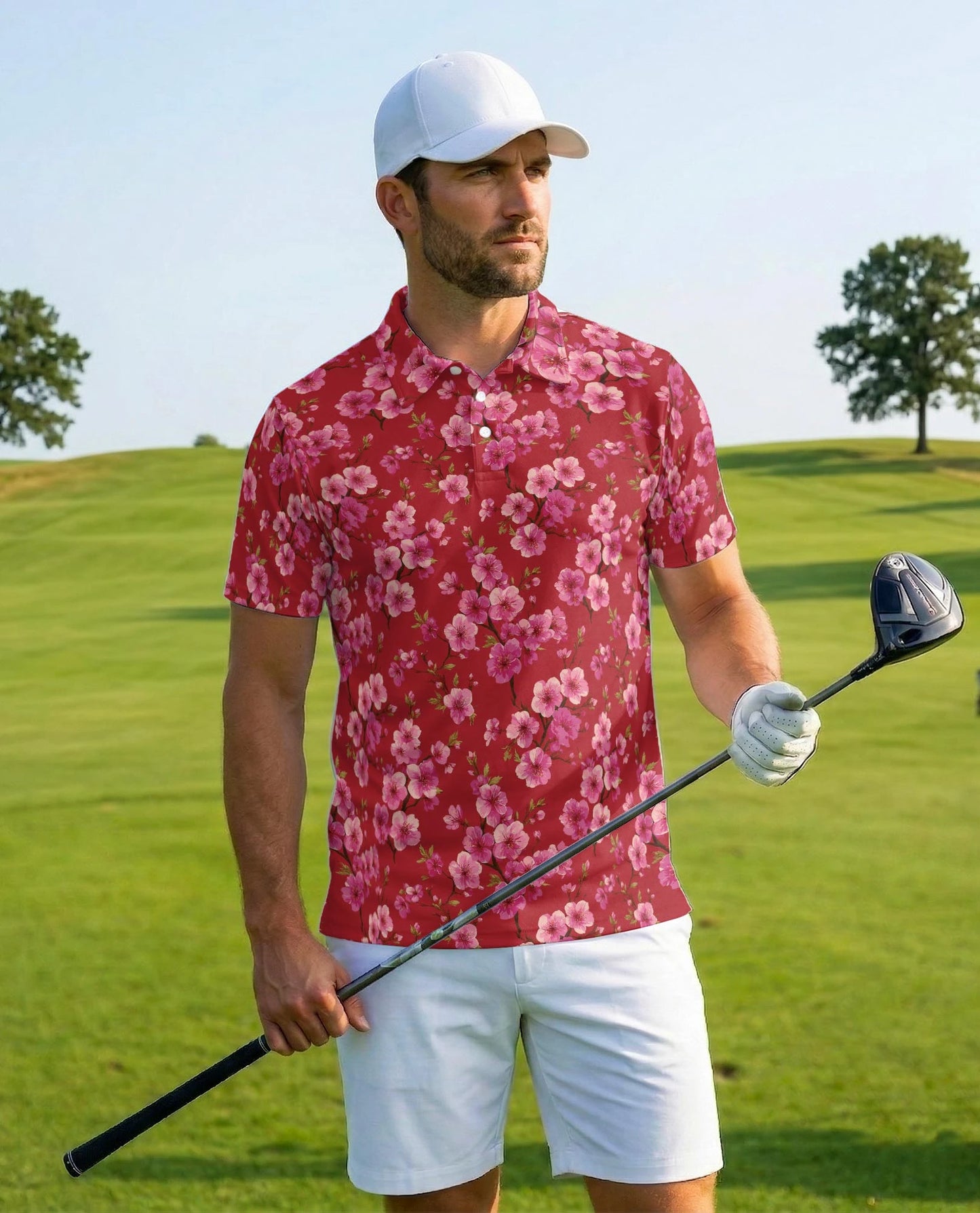 Red Cherry Blossom Polo Shirt for Men – Japanese Sakura Floral Style | Netecom