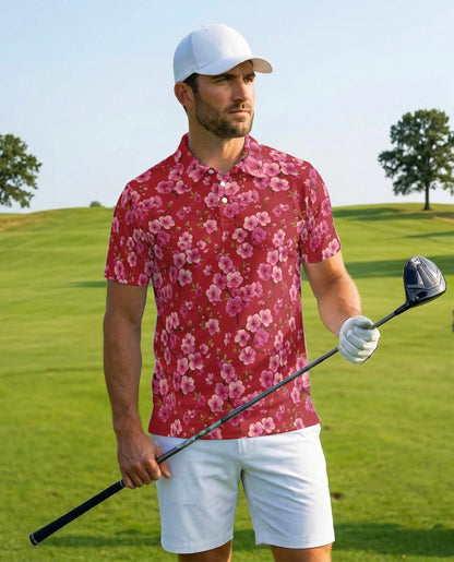 Red Cherry Blossom Polo Shirt for Men – Japanese Sakura Floral Style | Netecom
