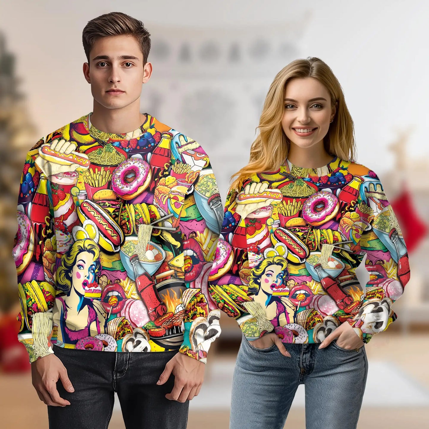 Fast Food Sweatshirt, 3D All Over Print Burger Fries Food Crewneck Pullover for Men Women, Fast Food Lover Gift - Netecom