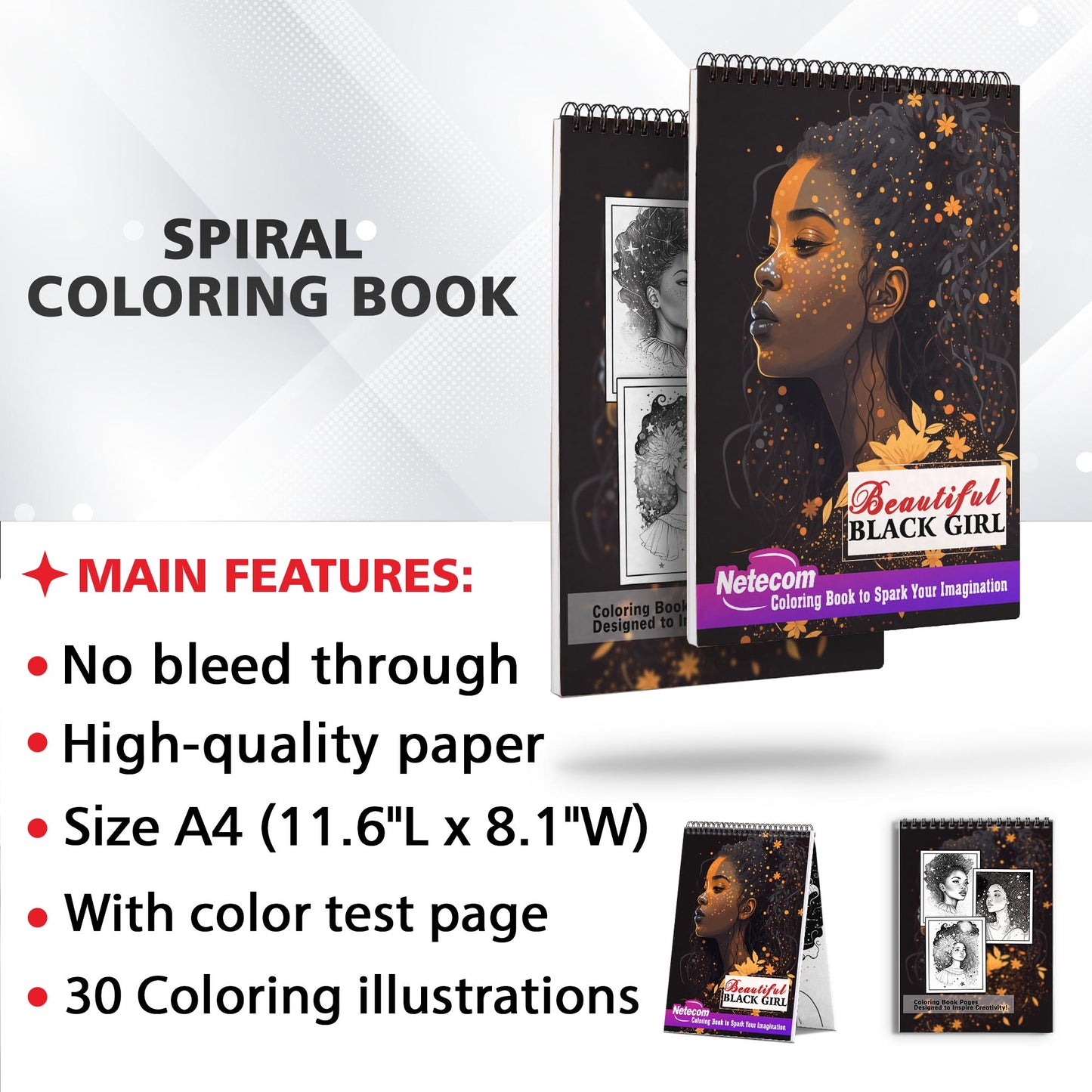 Beautiful Black Girl Spiral Bound Coloring Book, Immerse Yourself in 30 Captivating Coloring Pages, Capturing the Beauty and Resilience of Black Girls in Various Settings