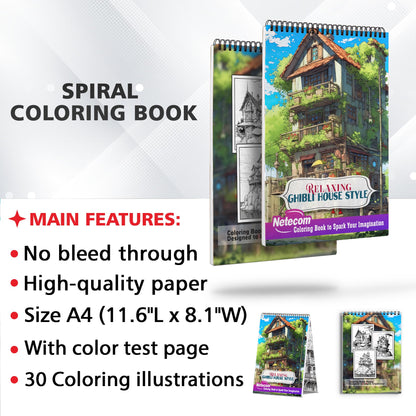 Relaxing Ghibli House Style Spiral Bound Coloring Book, Amazing Adults Coloring Book with Stress Relieving Designs of Ghibli House Style For Anxiety Relief and Relaxation