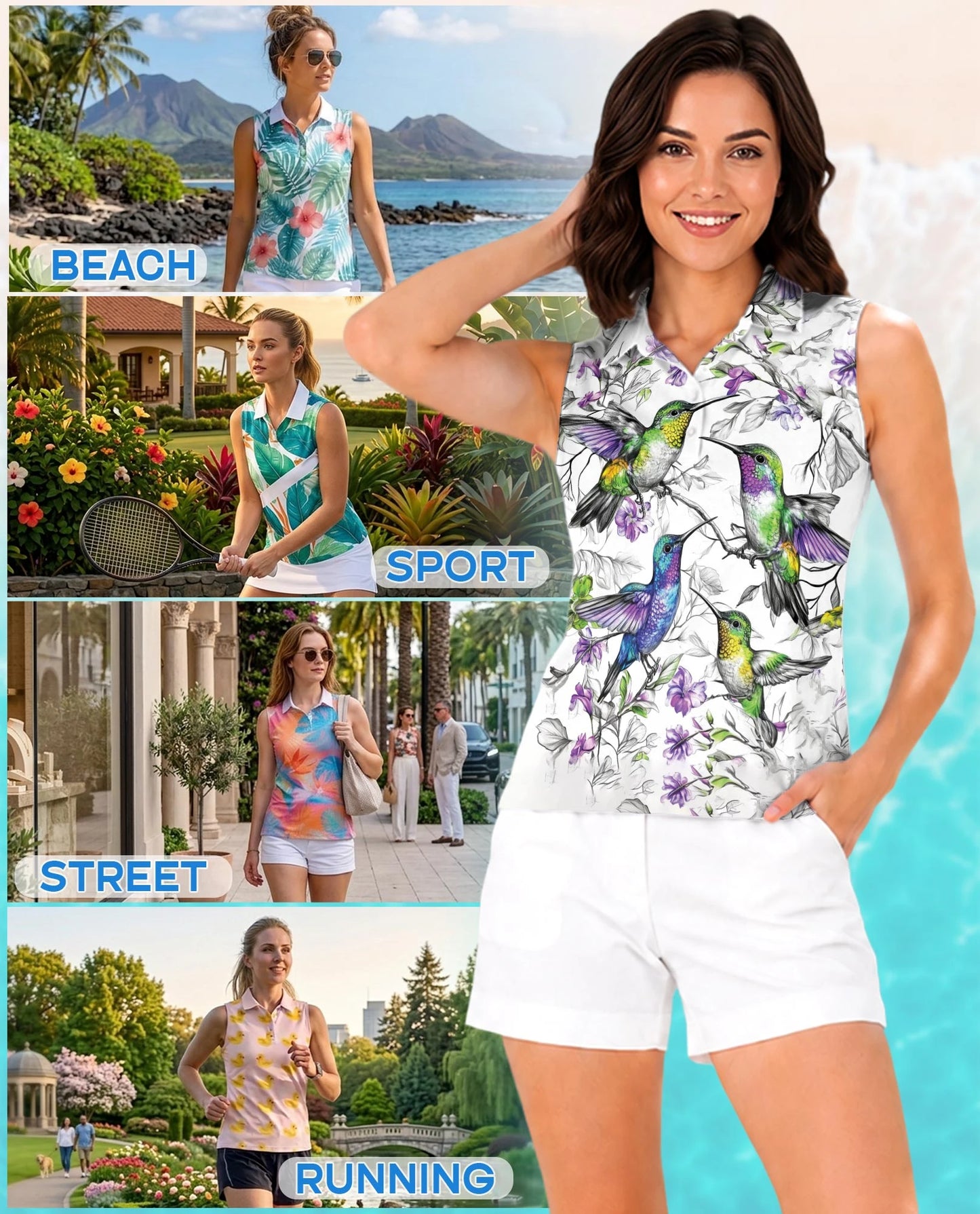 Vintage Hummingbirds Sleeveless Polo Shirt for Women | Netecom