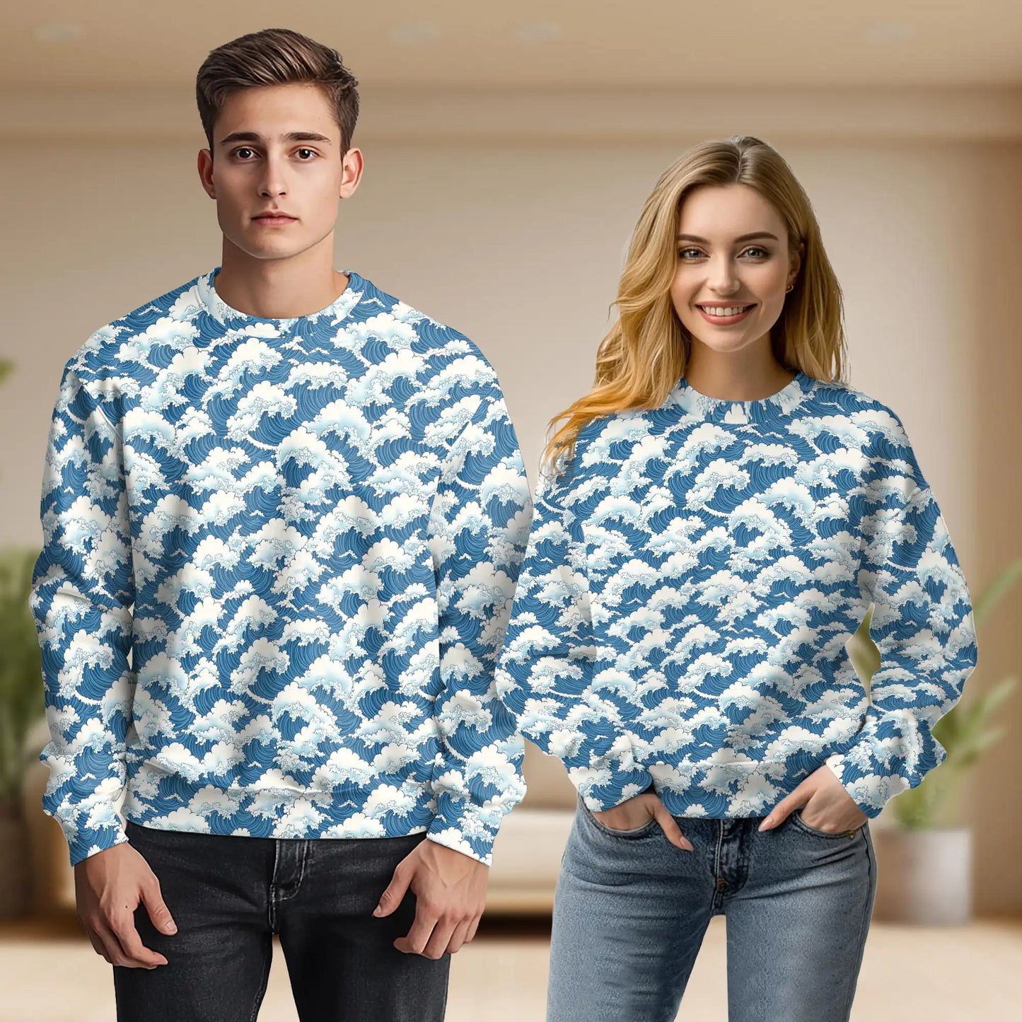 Wave Japan Style Sweatshirt, 3D All Over Print Japanese Ocean Art Crewneck Pullover for Men Women, Wave Art Lover Gift - Netecom