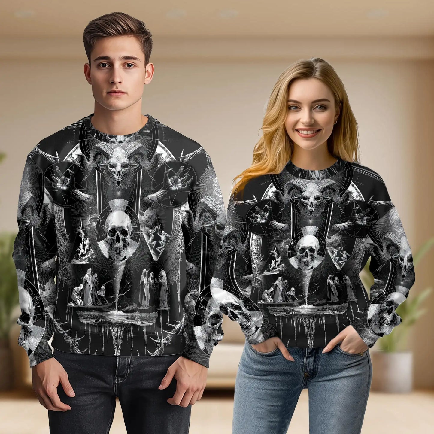 Dark Satanic Skull Sweatshirt, 3D All Over Print Gothic Horror Crewneck Pullover for Men Women, Skull Art Lover Gift - Netecom