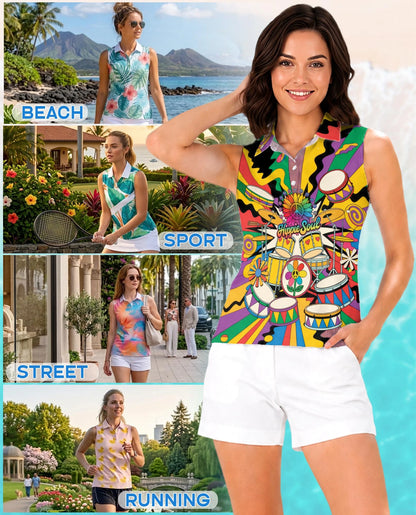 Peace Love Drums Sleeveless Polo Shirt for Women | Netecom
