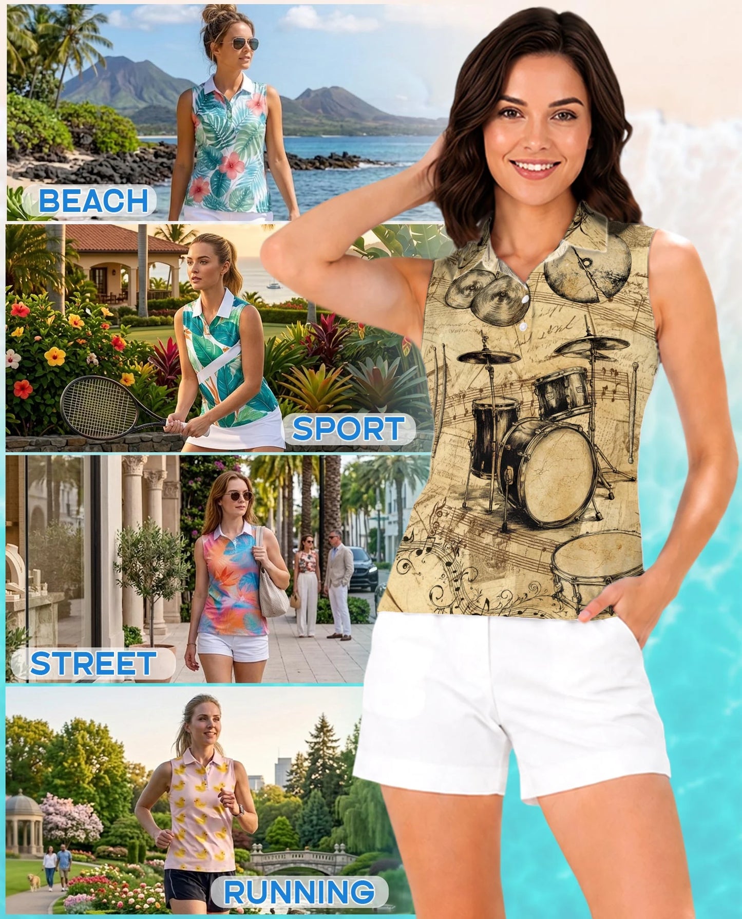 Drum Pattern Sleeveless Polo Shirt for Women | Netecom