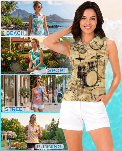 Drum Pattern Sleeveless Polo Shirt for Women | Netecom