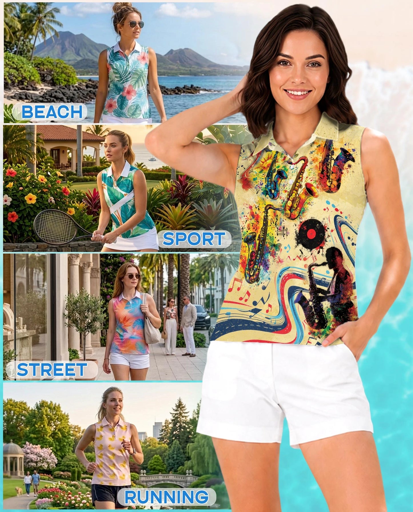 Music Saxophone Sleeveless Polo Shirt for Women | Netecom