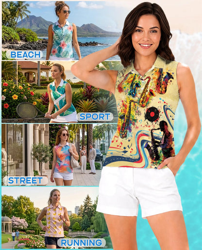 Music Saxophone Sleeveless Polo Shirt for Women | Netecom