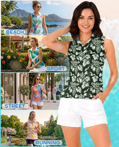 Grape And Vine Sleeveless Polo Shirt for Women – Elegant Botanical Style | Netecom