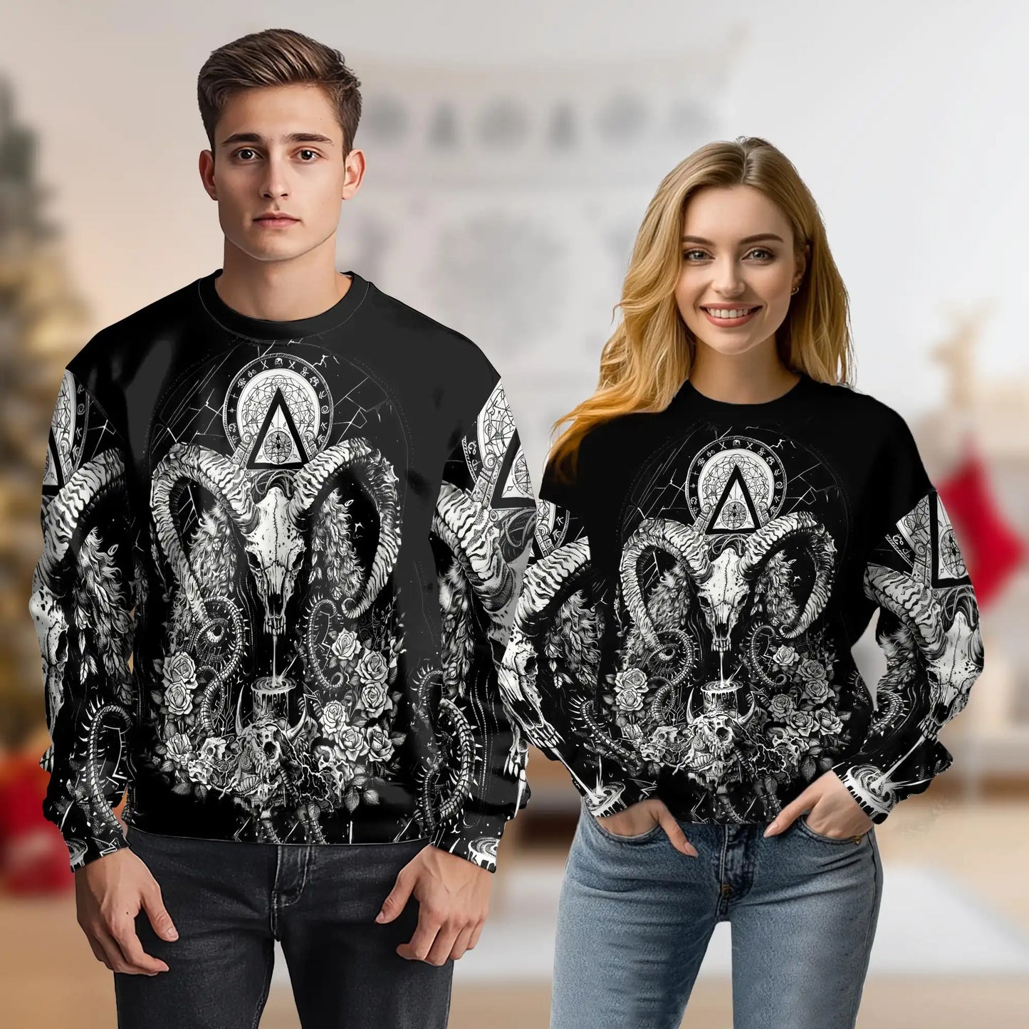 Occult Goat Skull Graphic Sweatshirt, 3D All Over Print Gothic Mystical Crewneck Pullover for Men Women, Dark Art Lover Gift - Netecom