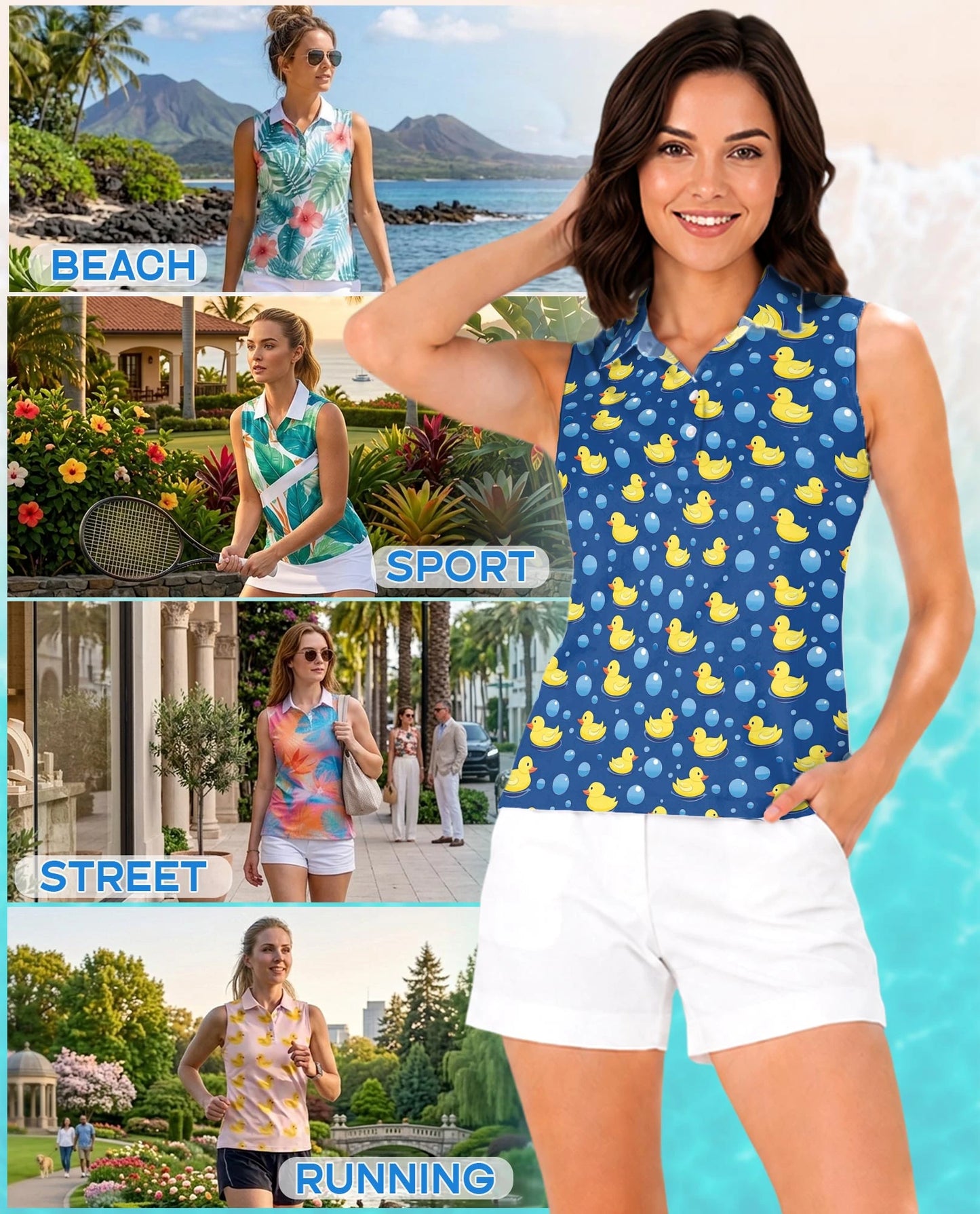 Duck Pattern Sleeveless Polo Shirt for Women | Netecom