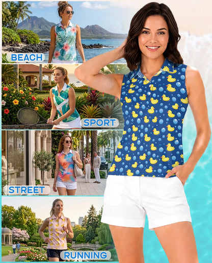 Duck Pattern Sleeveless Polo Shirt for Women | Netecom